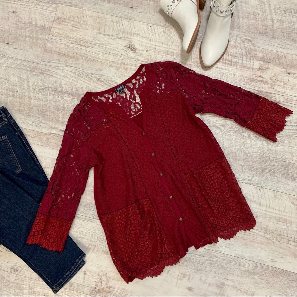 Lucky Brand 3/4 Sleeve Lace Mixed Media Top, Sz M